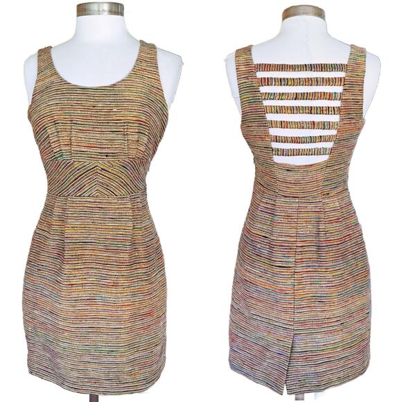 Loffler Randal Metallic Tweed Silk Sheath Dress Size 6 Lattice Back Gold Multi - Picture 1 of 12
